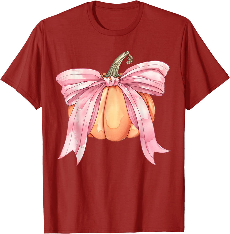 Coquette Halloween Tees NYC Coquette Autumn Pumpkin Pink Bow Girly Halloween Fall Women T-Shirt - Cranberry Red