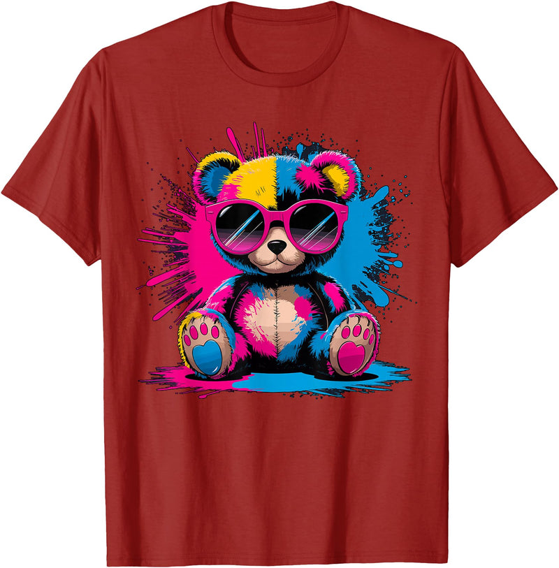 Magical and Funny Bear lover Gifts Colorful Teddy Bear with Sunglasses T-Shirt - Cranberry Red