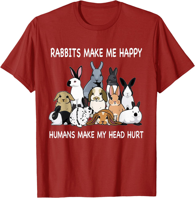Rabbits Make Me Happy Humans Make My Head Hurt Funny T-Shirt in Cranberry Red