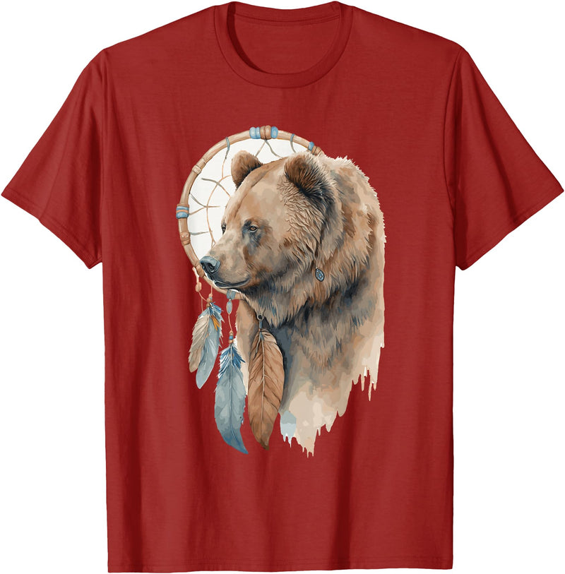 More Tribal Native American Totem Animal Art Bear Tribal Watercolor Bear Dream Catcher T-Shirt - Cranberry Red