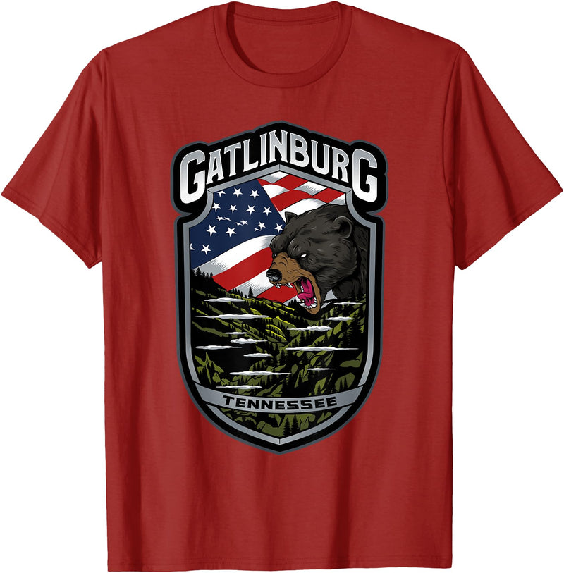 Great Smoky Mountains National Park Souvenirs Gatlinburg Tennessee Souvenirs Bears Gifts TN American Flag T-Shirt - Cranberry Red