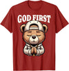 Christian Hip Hop Hustle Praying Teddy Bear Design God First Hip Hop Teddy Bear Cross Christian Streetwear Pray T-Shirt - Cranberry Red