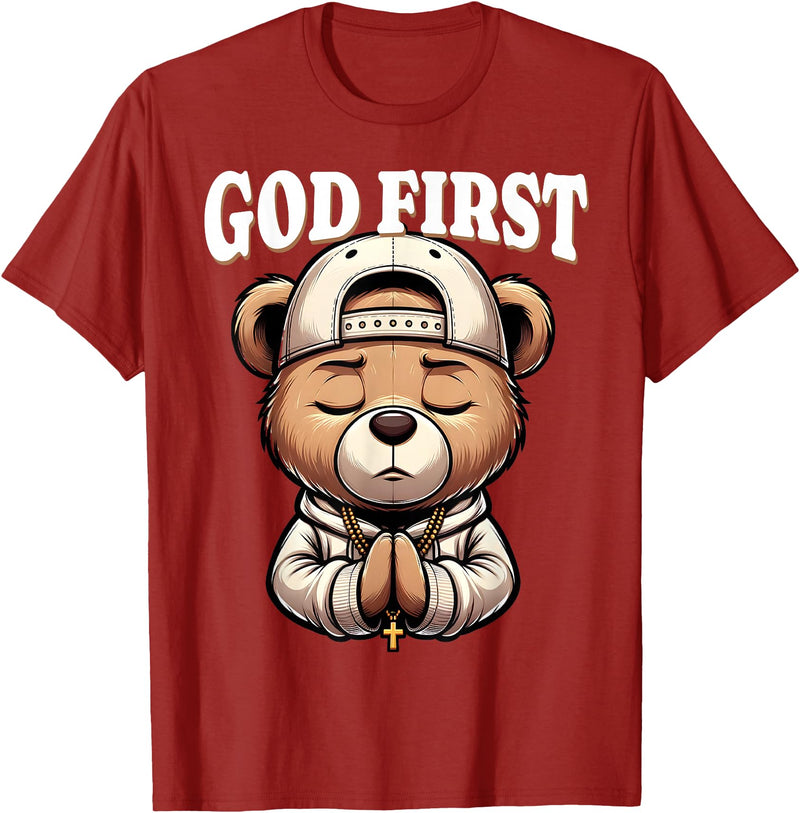 Christian Hip Hop Hustle Praying Teddy Bear Design God First Hip Hop Teddy Bear Cross Christian Streetwear Pray T-Shirt - Cranberry Red
