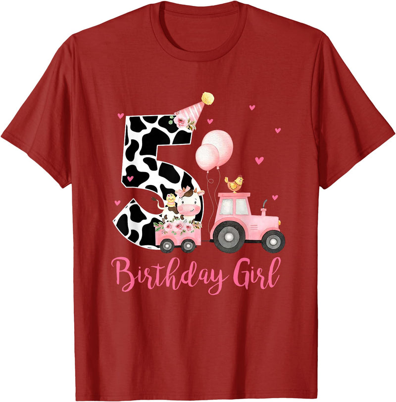 Milk Cow Print 5 Year Old Girl Birthday Gift 5th Birthday Outfit Girl 5 Year Old Farm Cow Chick Tractor T-Shirt - Cranberry
