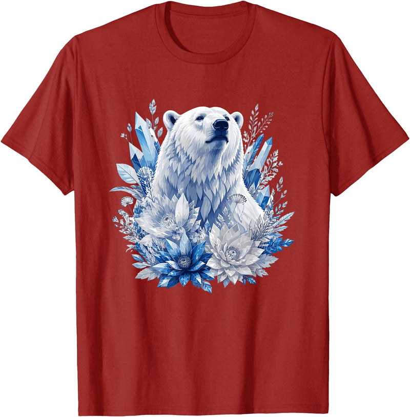Arctic Polar Bear Crystal Flowers Nature Majestic Arctic Polar Bear with Ice Flowers Fantasy T-Shirt - Cranberry Red
