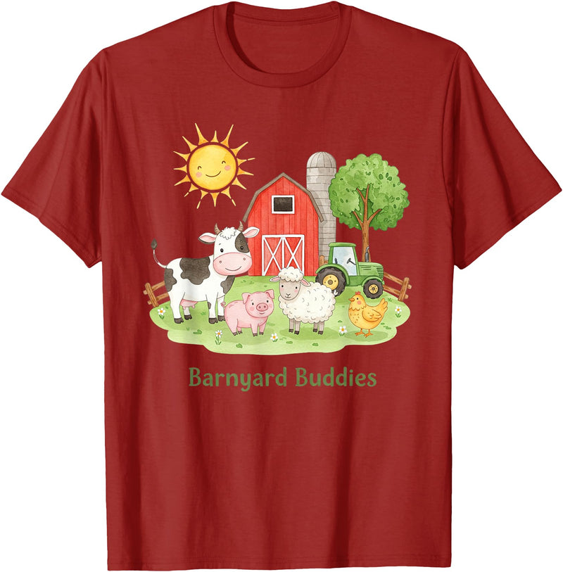 Little Barnyard Farm Apparel For Toddler & Kids Barnyard Buddies Cute Cow Sheep Pig Hen On The Farm Barnyard T-Shirt - Cranberry Red