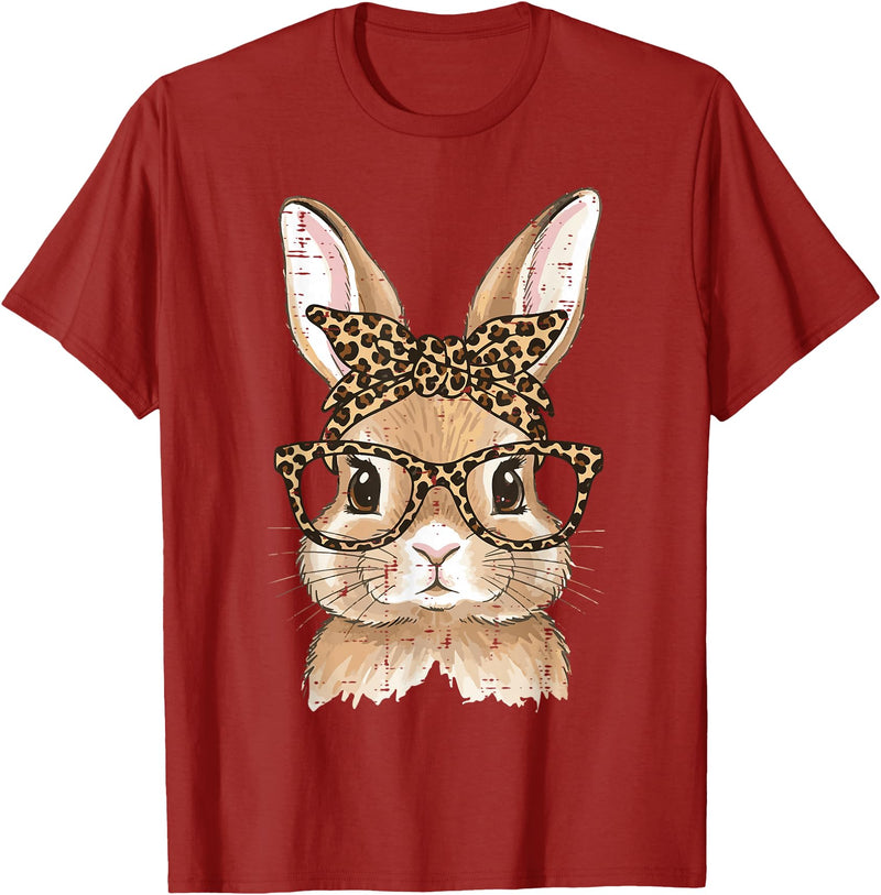 Easter Bunny Leopard Glasses Bandana Rabbit Women Girls Kids T-Shirt in Cranberry Red