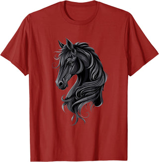 Artful Horse Designs Black Horse Portrait – Friesian Horse T-Shirt - Cranberry Red