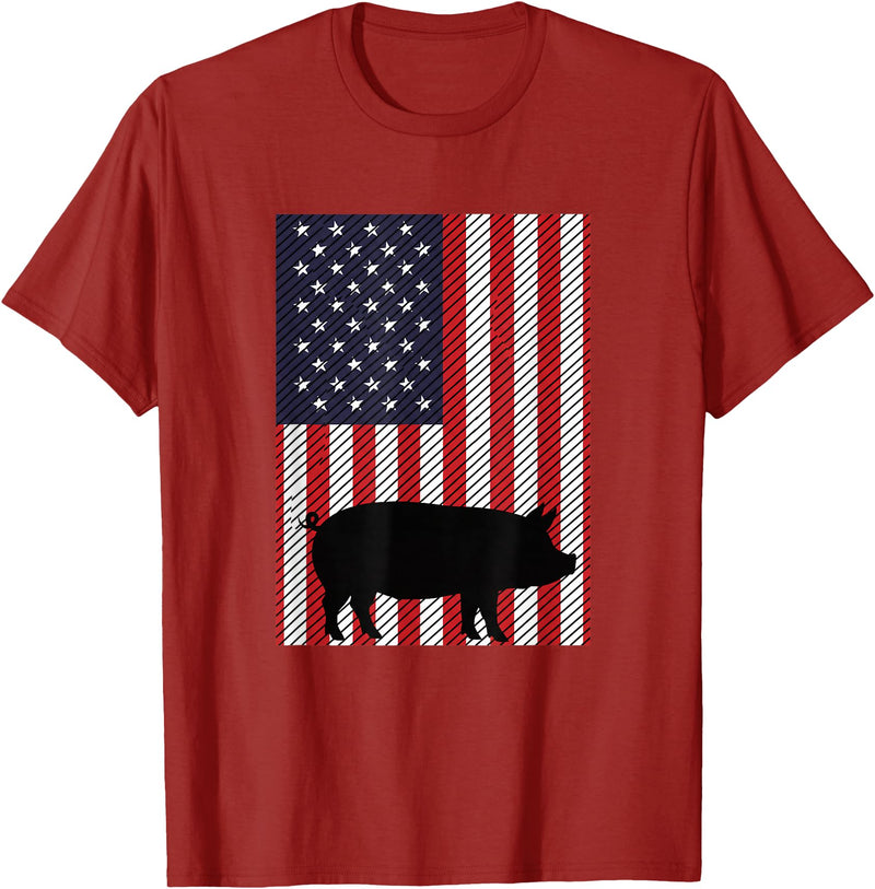 Farm Pig Patriotic United States Flag Kids Animal Patriotic Pig Silhouette American Flag Farm Kids Fourth T-Shirt - Cranberry Red