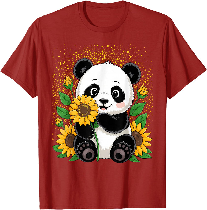 Panda Lover Gift Co. Panda Bear with Sunflowers, Panda Bear T-Shirt - Cranberry Red
