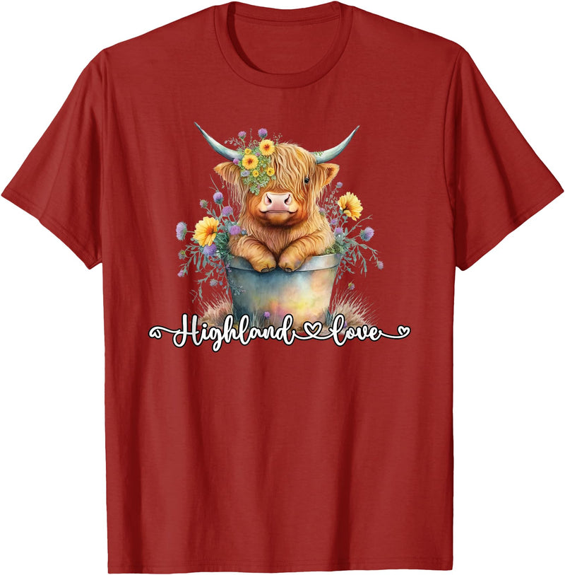 KAEDAM Gifts: Highland Cows Cute Baby Highland Cow Calf Love Spring Pastel Novelty T-Shirt - Cranberry Red