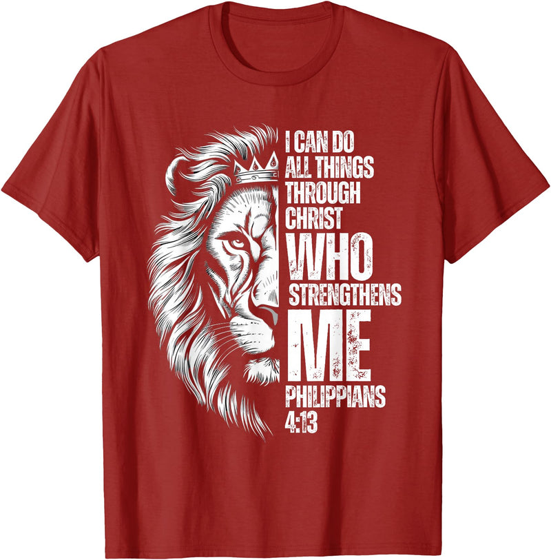 Philippians 4:13 Christian Jesus Lion Father Dad Christian Verse Lion Philippians 4:13 I Can Do All Things T-Shirt - Cranberry Red