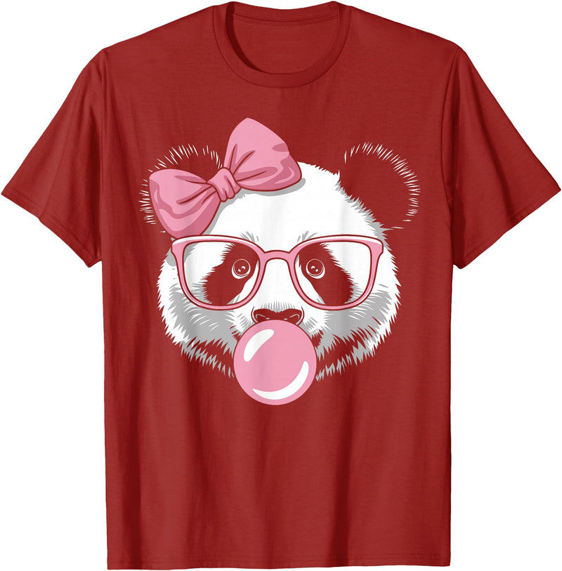 Panda Bear Bubblegum Panda Bear Wearing Glasses and Blowing Pink Bubble Gum T-Shirt - Cranberry Red