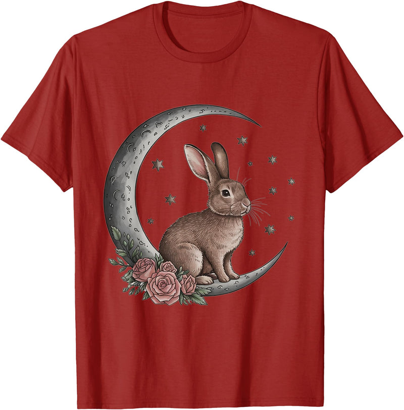 Vintage Bunny on the Moon Cute Goth Easter Rabbit T-Shirt in Cranberry Red