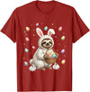 Cute Easter Bunny Rabbit with Eggs Whimsical Sloth Design T-Shirt in Cranberry Red