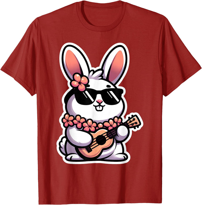 Easter Bunny Rabbit Playing Ukulele Player Musician Hawaii T-Shirt in Cranberry Red