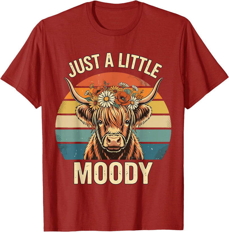 Just A Little Moody Funny Cow Tee Highland Cow Vintage Flower Funny Farm Farmer T-Shirt - Cranberry Red