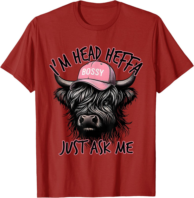 Cool Funny Gag Gifts Design Tee for Men Women I'm Head Heffa Just Ask Me Bossy Highland Cow Baseball Cap T-Shirt - Cranberry