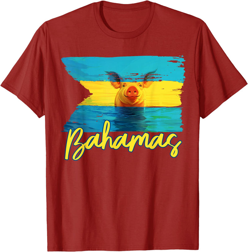 Swimming Pig Bahamas Beach Trips Bahamas Swimming Pig Flag Beach Caribbean Summer Vacation T-Shirt - Cranberry Red
