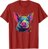 Retro Pig Poparts Tees Watercolor Colorful Pig T-Shirt - Cranberry Red