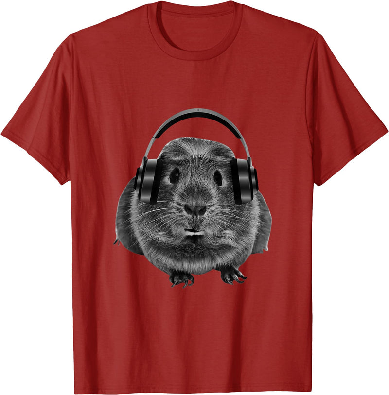 ROSS BOSS Funny Guinea Pig Graphic Tees Guinea Pig Shirt Headphones T-Shirt - Cranberry Red