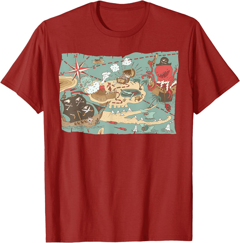 Mel & Bear Treasure Map Ship Sharks Pirates & Skulls Shirt Boys Kids T-Shirt - Cranberry Red