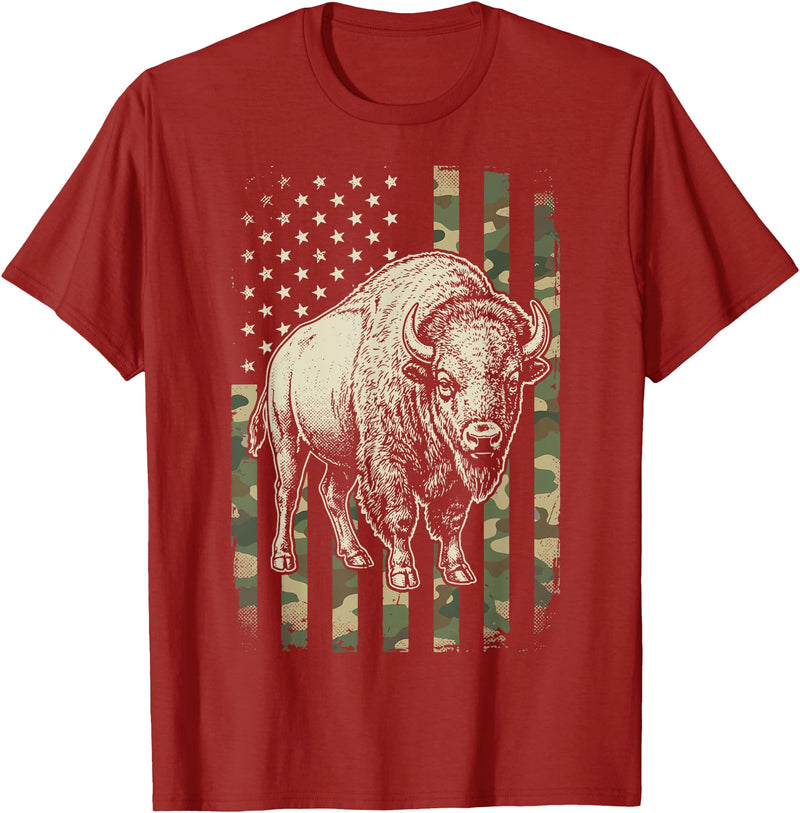 Usa Patriot American Bison Western Bufallo Bison USA Flag American Buffalo 4th of July T-Shirt - Cranberry Red