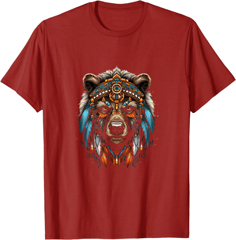 Native American Day American Indian Pride Bear Native American Indian Headdress Feather Tribal Bears T-Shirt - Cranberry Red