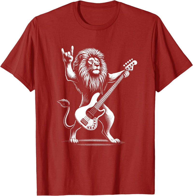 Funny Guitar Lion Lovers Costume for Guitarist Rock n Roll Lion Playing Guitar Funny Men Women Lion T-Shirt - Cranberry Red