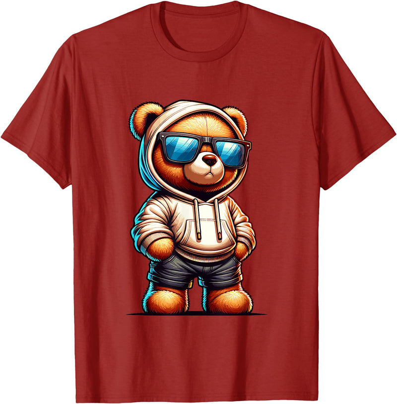 Rappers Aesthetic Urban Teddy Bear Graphic Hip Hop Teddy Bear Graphic Bears Cool Hip Hop Streetwear Colorful T-Shirt - Cranberry Red