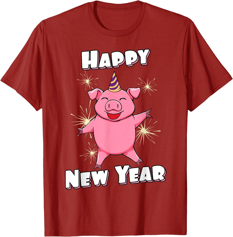 Funny New Year Outfit & New Year Gift Happy New Year Piggy Pig New Year Eve T-Shirt - Cranberry Red