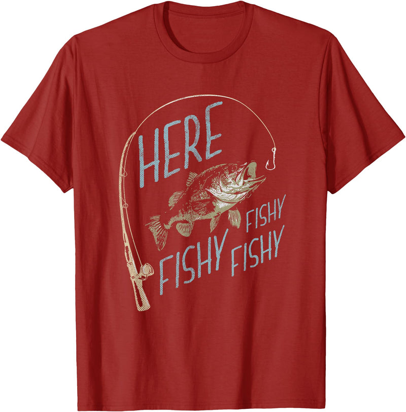 Classic Fishing Outdoors Designs Here Fishy Funny Fishing T-Shirt - Cranberry Red