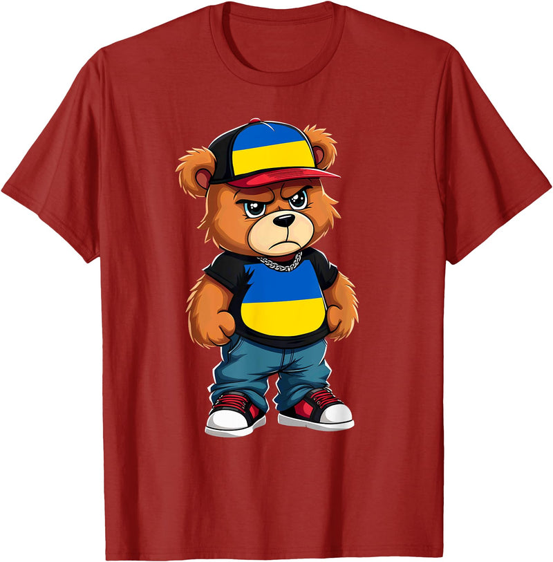 Ukrainian Teddy Bear Breakdance Rapper Ukrainian Flag Teddy Bear Ukraine Hip Hop T-Shirt - Cranberry Red