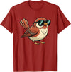 Chipper Feather Co Bird: Sparrow in Sunglasses, Cool Cartoon Avian Attitude T-Shirt - Cranberry Red