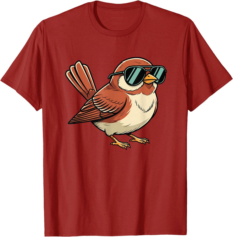 Chipper Feather Co Bird: Sparrow in Sunglasses, Cool Cartoon Avian Attitude T-Shirt - Cranberry Red