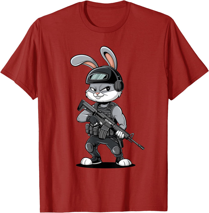 Armed Bunny Easter Military Rabbit Graphic for Men T-Shirt in Cranberry Red