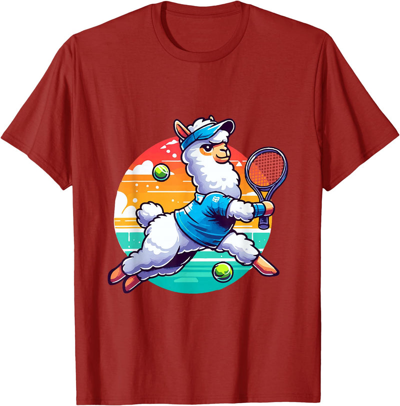 Funny Cute Animals Playing Tennis Apparel Llama Playing Tennis in Front of a Sunset T-Shirt - Cranberry Red