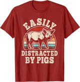 BALARI Easily Distracted by Pigs Funny Retro Pig Farmer Men Women T-Shirt - Cranberry Red