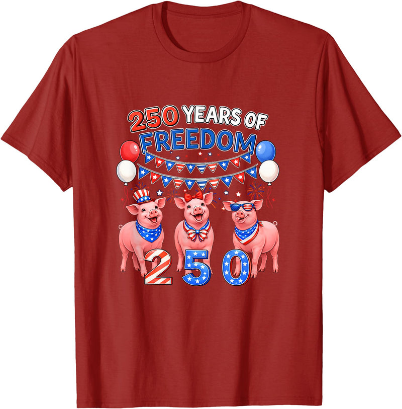 Farmer 4th Of July Costume 250th Freedom 4th of July US Flag Fireworks Three Cute Pigs T-Shirt - Cranberry Red