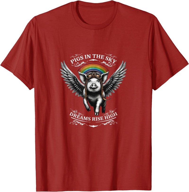 Schwein im Himmel – Träume steigen hoch Flying Pig with Wings in the Sky T-Shirt - Cranberry Red