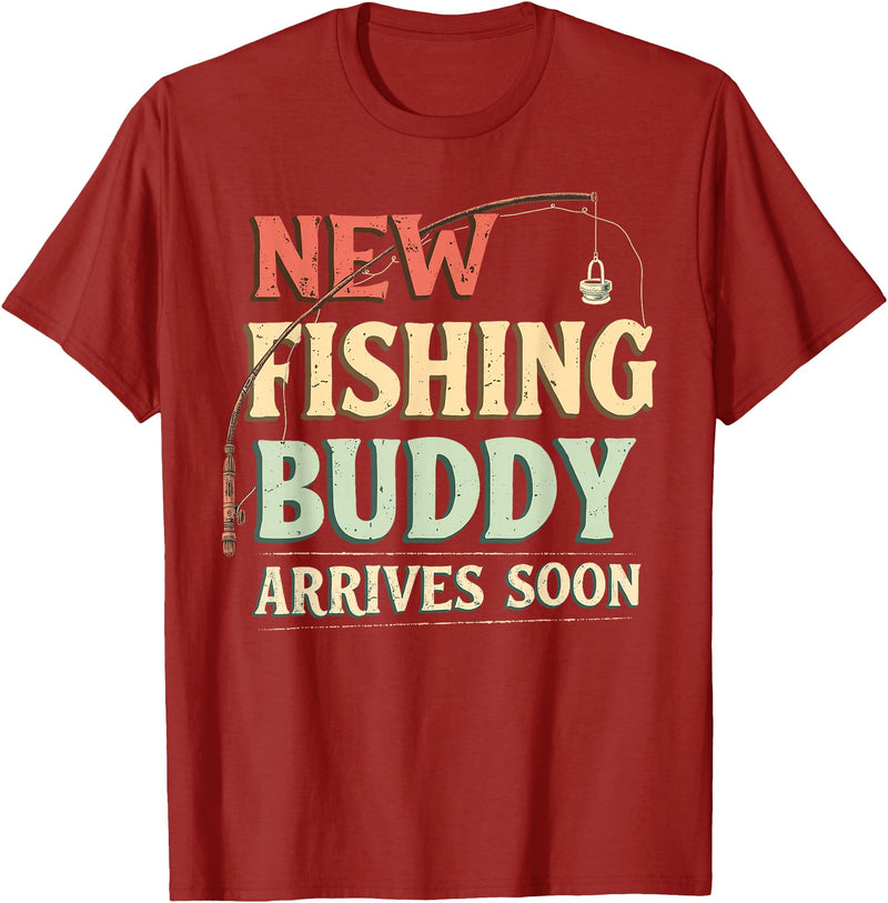 Funny Parent Fisherman Pregnancy Gift New Fishing Buddy Arrives Soon Baby Pregnancy Announcement T-Shirt - Cranberry Red