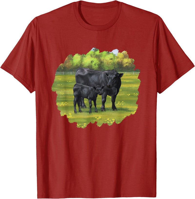 Farm Animal Art by CSForest Black Angus Cow & Cute Calf Farm Animals T-Shirt - Cranberry Red