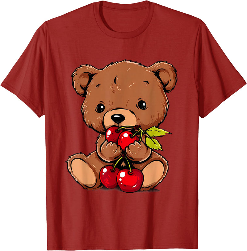 Cute Cherry Animals Cherry Bear Cute Bear Nature Cherry Fruit Artwork Wildlife T-Shirt - Cranberry Red