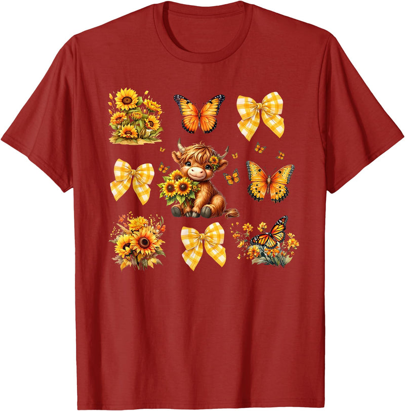 Coquette Bow Scottish Highland Cow Sunflower Shirt Baby Highland Cow With Sunflower Butterflies Farm Western T-Shirt -