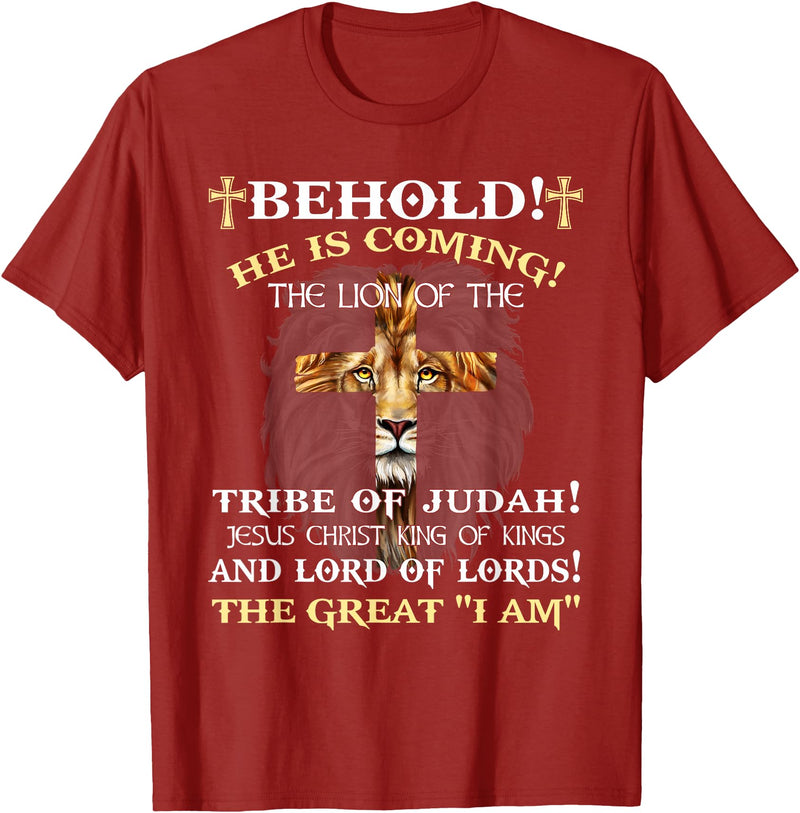 Behold He Is Coming The Lion Of The Tribe Of Judah T-Shirt - Cranberry Red