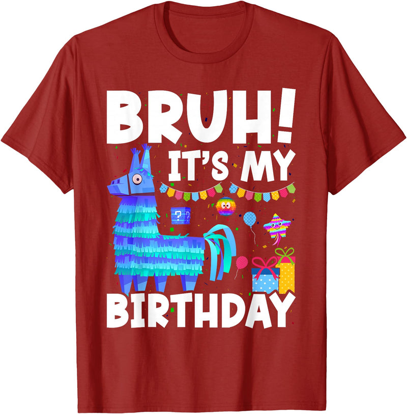 Llama Lover Gift Co. Bruh Its My Birthday Llama Pinata Family Party Boys Girls T-Shirt - Cranberry Red