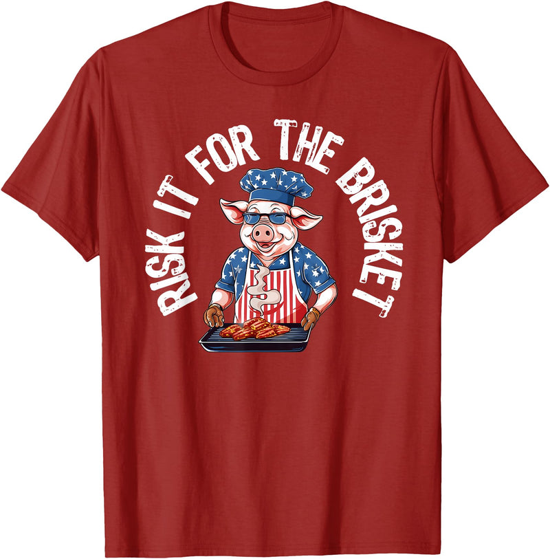 Funny Grill Pig Barbeque Pitmaster Designs for Men Risk It For The Brisket Funny Pig Grilling Barbecue Pork BBQ T-Shirt - Cranberry Red