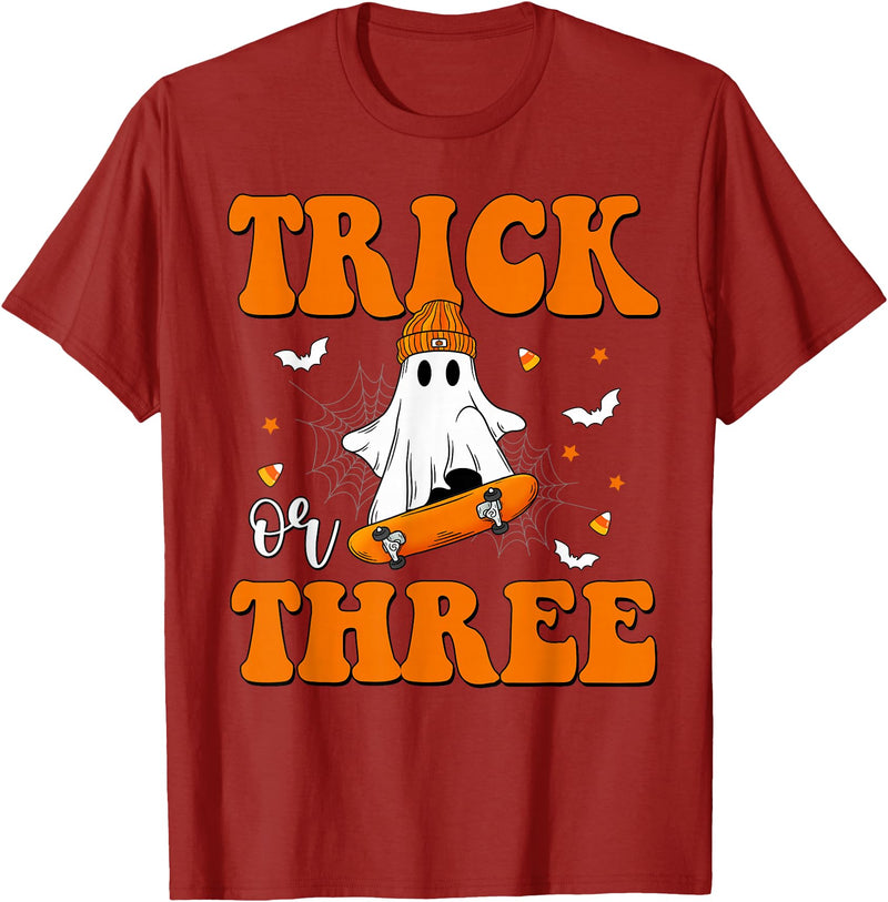 3 Year Old Boy Birthday Gift For Spooky Boys Kids Trick or Three 3rd Halloween Birthday Ghost Skateboarding T-Shirt -