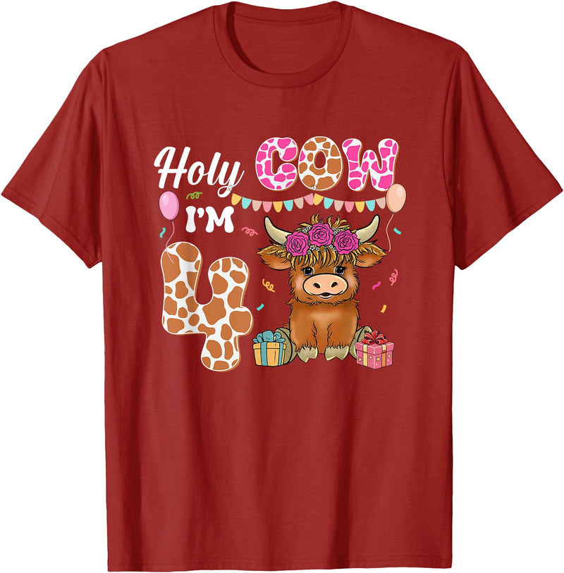 Holy Cow I'm 4 Highland Cow 4th Birthday Holy Cow I'm 4 Highland Cow Farming 4th Birthday 4 Years Old T-Shirt - Cranberry Red