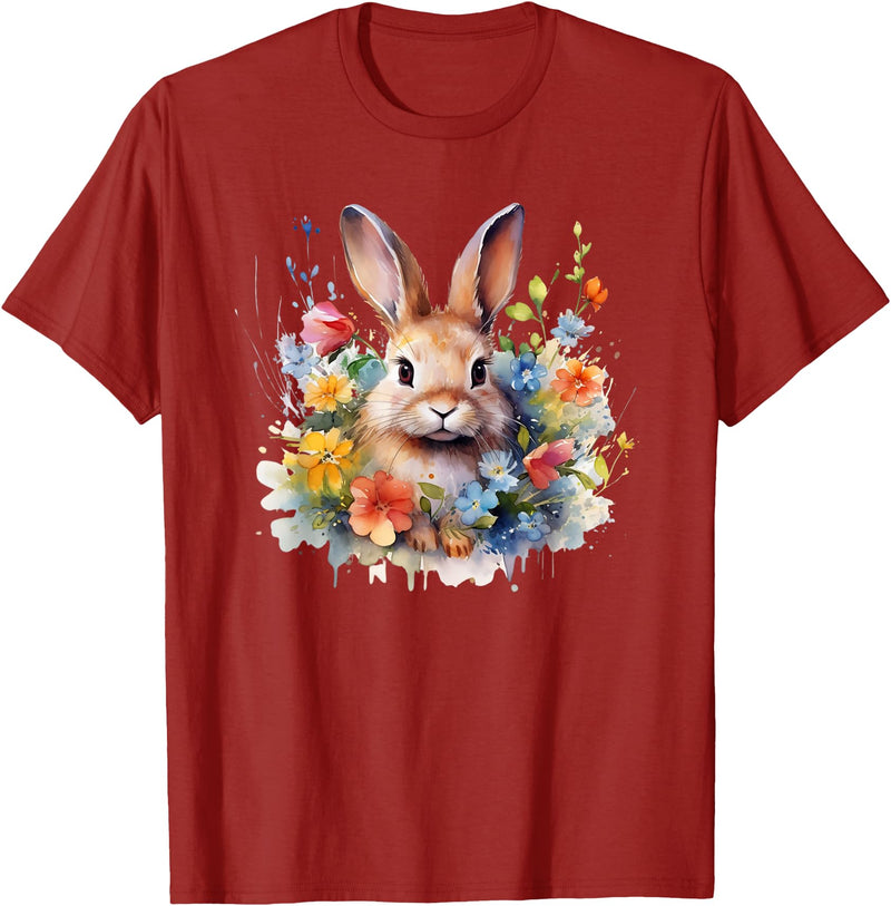 Bunny Rabbit Face Floral Watercolor Painting Love Bunnies T-Shirt in Cranberry Red